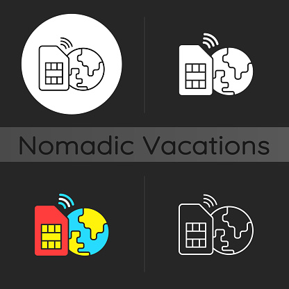 Global SIM card dark theme icon. Smartphone connection around planet. Travel necessities for international tourist. Linear white, simple glyph and RGB color styles. Isolated vector illustrations