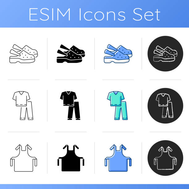 Disposable medical uniform icons set Disposable medical uniform icons set. Medical shoes. Scrub suit. Hospital safety. Disposable PPE. Sterile apron for nurse uniform. Linear, black and RGB color styles. Isolated vector illustrations medical scrubs stock illustrations