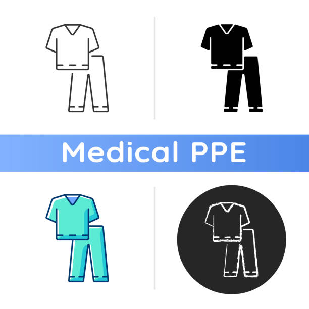 Scrub suit icon Scrub suit icon. Top and trousers for nurse. Suit to work in clinic. Protective wear for hospital professional. Disposable PPE. Linear black and RGB color styles. Isolated vector illustrations nurse clipart stock illustrations