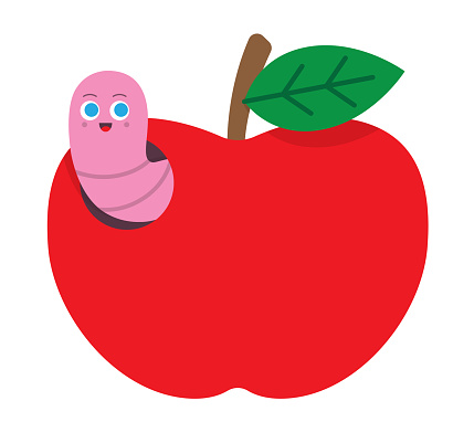 Vector illustration of a worm in the apple isolated on a white background.