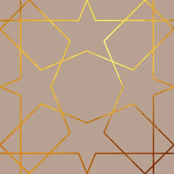 Vector illustration of Abstract Geometric Gold Line Art Background.  Metallic invitation, brochure or banner with minimalistic geometric style. Lisbon Arabic Geometrical Mosaic, Mediterranean Ornament. Greeting Card Template, Vector Fashion Wallpaper, Poster.