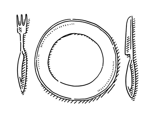 Empty Plate And Knife And Fork Drawing Hand-drawn vector drawing of a Empty Plate And Knife And Fork. Black-and-White sketch on a transparent background (.eps-file). Included files are EPS (v10) and Hi-Res JPG. meal dinner food plate stock illustrations