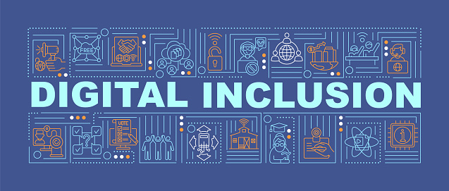 Digital inclusion word concepts banner. Access to Internet. Reducing digital exclusion. Infographics with linear icons on blue background. Isolated typography. Vector outline RGB color illustration