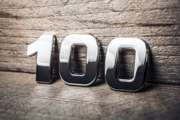 istock Chrome Number 100 Leaning On A Wooden Wall 1314973666