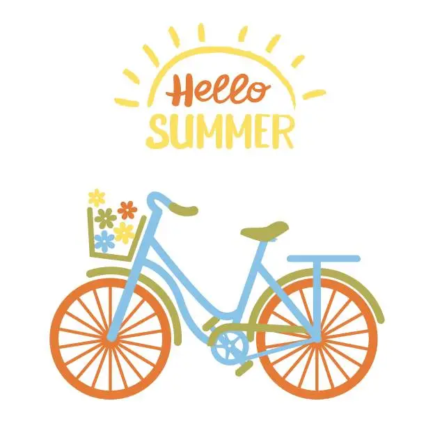 Vector illustration of Hello summer vector bicycle with flowers in basket isolated white background for design or postcard. Vector bike in romantic summer tender colors with lettering