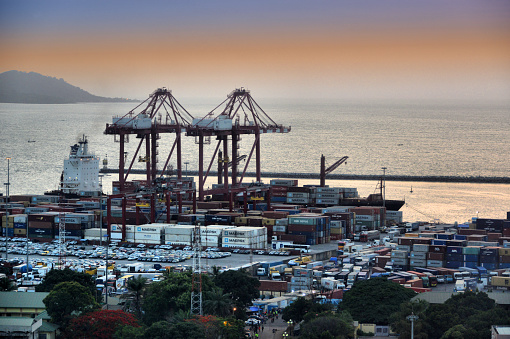 Conakry, Guinea: harbor container terminal with Tamara island in the background (Los Islands) - cranes and the Oregon Trader container ship (IMO: 9344564, MMSI 256304000) - Tombo Island.