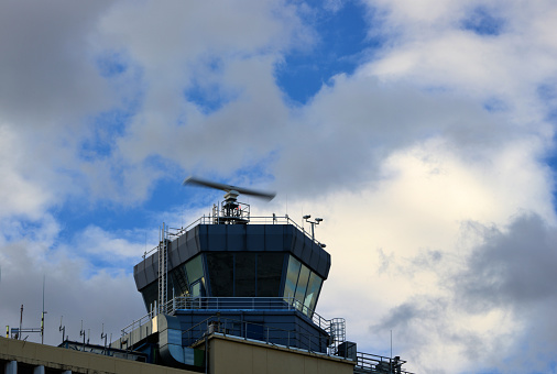 Madrid, Spain: Adolfo Suarez Madrid-Barajas Airport - tower with fast spinning radar, Terminal 2