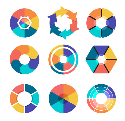 Vector illustration colorful pie chart collection with 6 sections or steps.