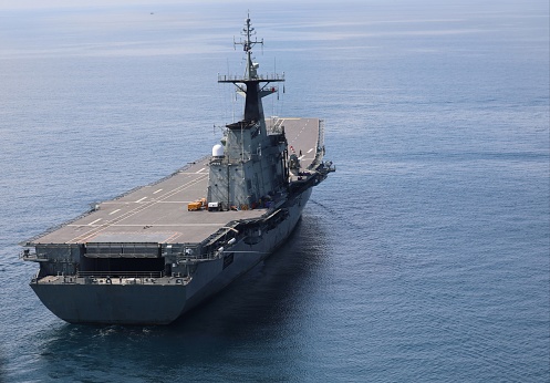 London,Britain25April2021:Britain sent a large fleet of aircraft carriers into the upcoming Pacific Ocean in May, joining the US F-35B and destroyers with US missile-led destroyers as Dutch frigates.