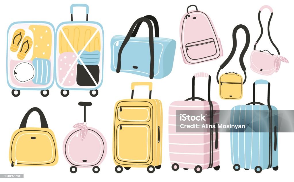 Set Of Luggage Bags Suitcase Baggage Backpack Hand Bags Cross Body Bags  Stock Illustration - Download Image Now - iStock