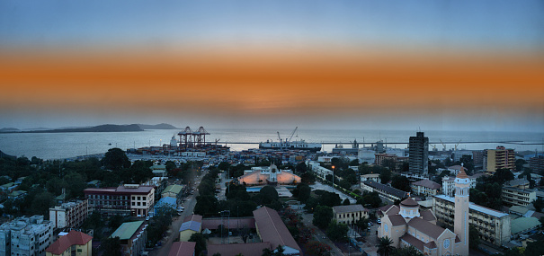Gonakry, Guinea: panorama of the city center and the Atlantic - central avenues and boulevard, St Joseph de Cluny School, St. Mary's Cathedral, Ministry of Education, Tour La Paternelle and Direction National du Tresor Public, embassies of France and Germany, etc - in the background the Los islands and harbor instalations (the alumina storage (bauxite), container park...)