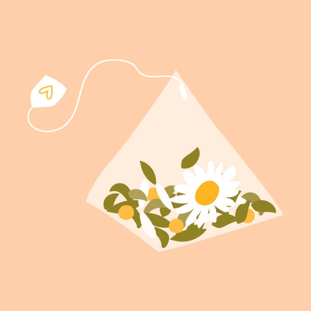 A tea bag. Pyramid tea bag with herbs and chamomile in the style of flat, cartoon. Isolated on a delicate background. Cute vector element for design, sticker, illustration. A tea bag. Pyramid tea bag with herbs and chamomile in the style of flat, cartoon. Isolated on a delicate background. Cute vector element for design, sticker, illustration. teabag stock illustrations