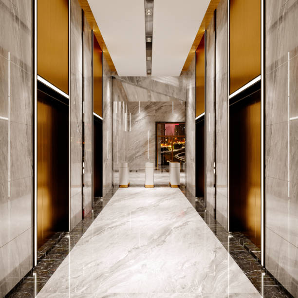 istock 3d render of luxury hotel corridor elevator space 1314981798