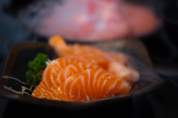 istock Salmon Sashimi on black bowl. Selective focus 1314981913