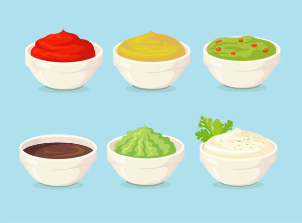 Set of cartoon sauces flat vector illustration Set of cartoon sauces flat vector illustration. Collection of bowls with colorful spicy mustard, ketchup guacamole, wasabi, chili, avocado sauces in blue background. Food, menu, sauce, cuisine concept condiment stock illustrations