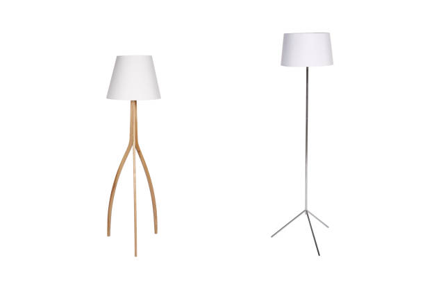 dos modernas lámparas de madera y metal aisladas sobre fondo blanco - floor lamp lamp lamp shade contemporary fotografías e imágenes de stock