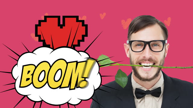Animation of smiling man with rose in his teeth, boom text on speech bubble on pink background