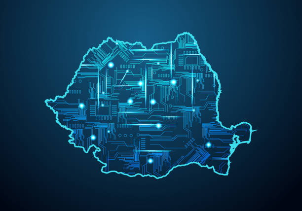 illustrations, cliparts, dessins animés et icônes de carte futuriste abstraite de la roumanie. circuit board design electric de la région. fond de technologie. mash ligne et échelles de points sur l’obscurité avec la carte. - romania