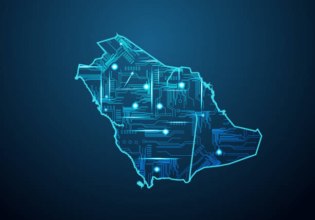 ilustraciones, imágenes clip art, dibujos animados e iconos de stock de mapa futurista abstracto de arabia saudita. diseño de placa de circuito eléctrico de la región. antecedentes tecnológicos. puré de líneas y escalas de puntos en la oscuridad con el mapa. - arabia saudí