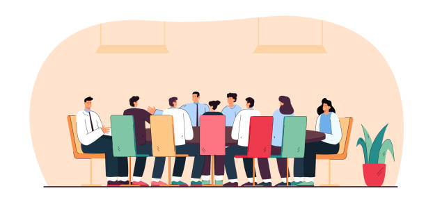 Business people or politicians sitting around table in boardroom Business people or politicians sitting around table in boardroom. Flat vector illustration. .Team of men and women talking with leader or ceo. Negotiation, teamwork, session concept for banner design government stock illustrations