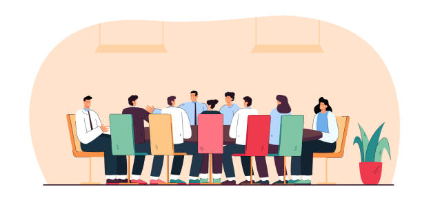 Business people or politicians sitting around table in boardroom Business people or politicians sitting around table in boardroom. Flat vector illustration. .Team of men and women talking with leader or ceo. Negotiation, teamwork, session concept for banner design authority stock illustrations