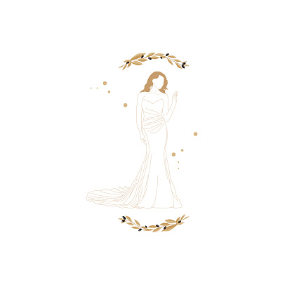 Vector  illustration of the beautiful bride wearing a nice bridal gown.Wedding invitations,Olive Branches background.