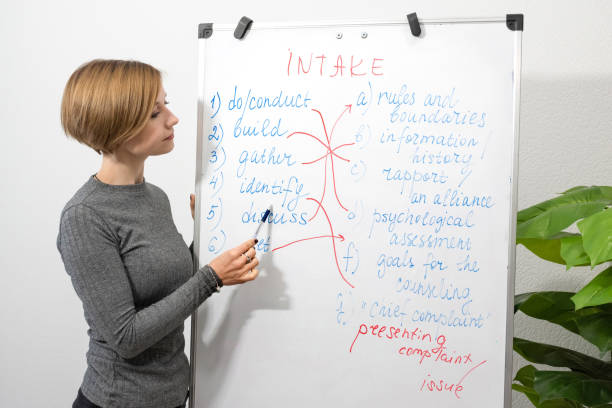 istock Young English teacher by videoconference, looking at the camera, talking and presenting the topic on a flipchart, teaching remotely. Learning concept 1314992009