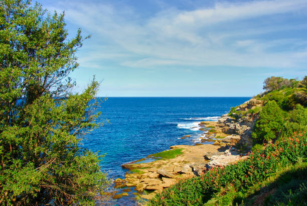 Beautiful view of the Pacific Ocean from the coastline of eastern Australia between Bondi and Tamarama Beaches.