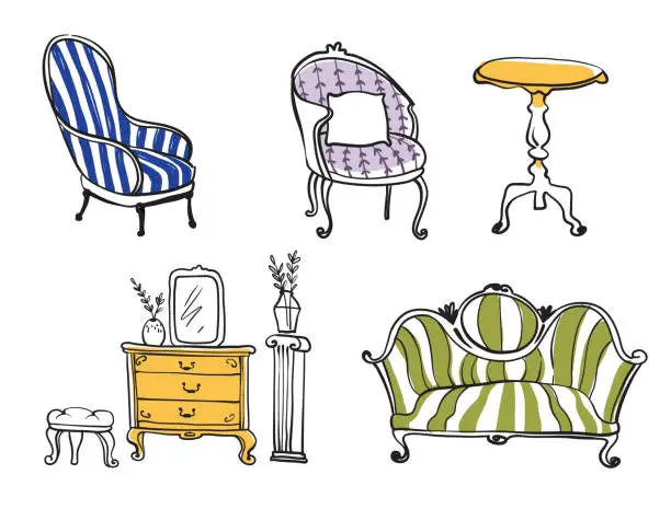 Vector illustration of Set of antique furniture objects, line drawing vector art