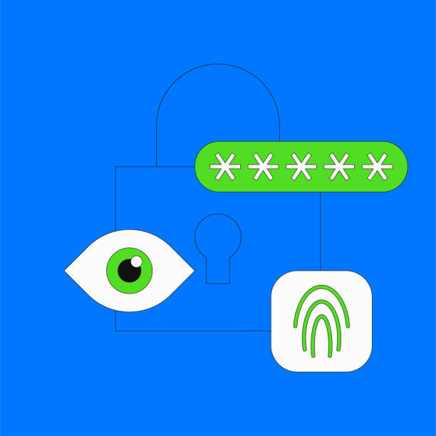 Biometric verification concept illustration Biometric verification vector illustration. Fingerprint scanner, eye-tracking system and password. Data protection concept. Flat thin line style. thumbprint people cartoons stock illustrations