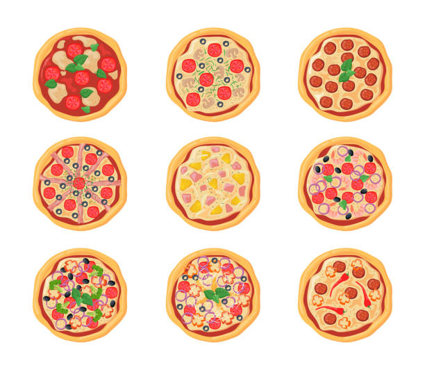 다른 스터핑 만화 피자 세트 - pizza party stock illustrations