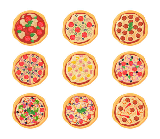 Set of cartoon pizzas with different stuffing Set of cartoon pizzas with different stuffing. Flat vector illustration. Top view collection of various chicken, pepperoni pizzas isolated in white background. Food, menu, pizza, cuisine concept pizza stock illustrations