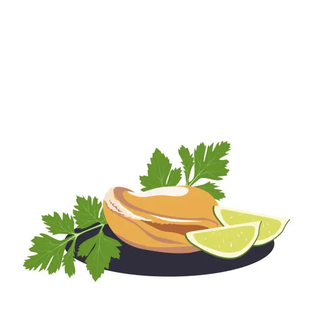 Vector illustration of Mussels with parsley and lime on a plate