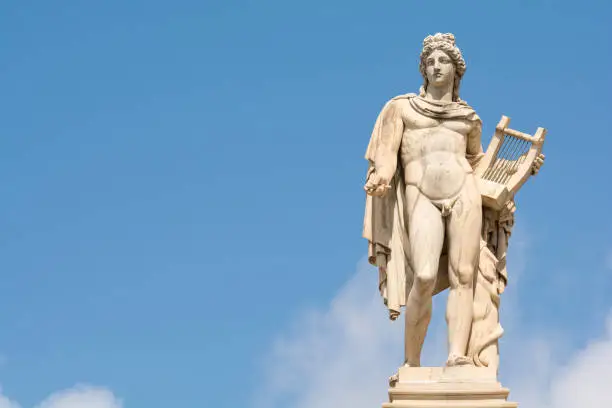 The statue of Apollo. Member of the Twelve Olympians, God of oracles, healing, archery, music and arts, sunlight, knowledge, herds and flocks, and protection of the young