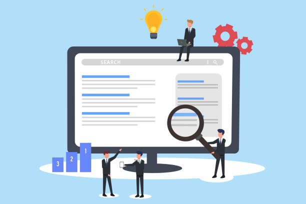 Business team analyzing website ranking for SEO SEO vector concept: Business team analyzing website ranking for search engine optimization search engine stock illustrations