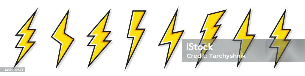 Yellow lightning bolt icons collection. Flash symbol, thunderbolt. Simple lightning strike sign. Vector illustration Lightning stock vector