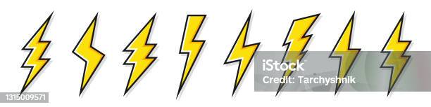 Yellow Lightning Bolt Icons Collection Flash Symbol Thunderbolt Simple Lightning Strike Sign Vector Illustration Stock Illustration - Download Image Now