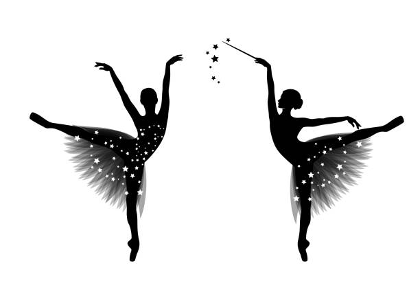 요정 발레리나 와 마법의 지팡이와 별이 빛나는 투투 벡터 실루엣 윤곽 - ballet shoe dancing ballet dancer stock illustrations
