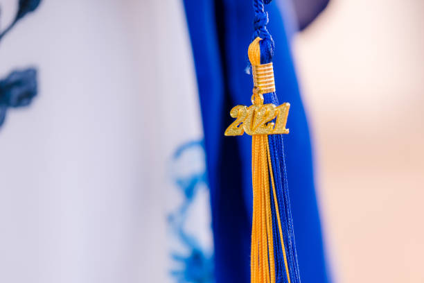 Close up of mortarboard with tassel and Class of 2021 charm.