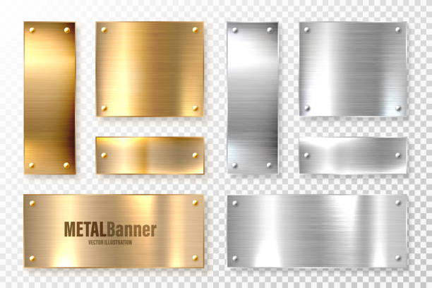 istock Realistic shiny metal banners set. Brushed steel and copper plate. Polished silver metal surface. Vector illustration 1315011767