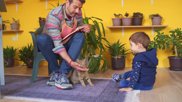 Father and son playing with cat