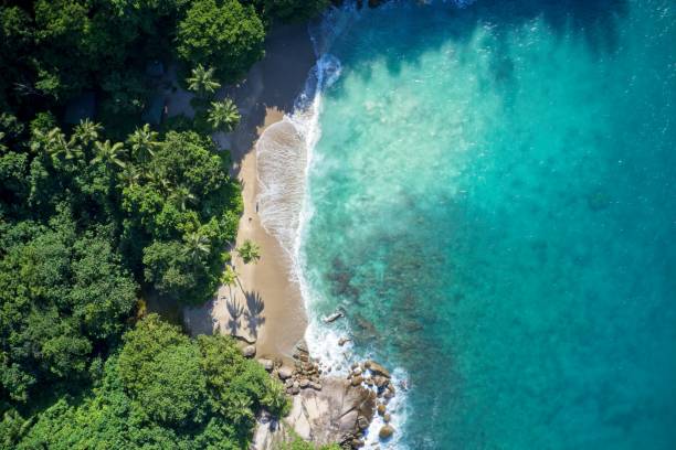 Drone field of view of secret cove and coastline Mahe, Seychelles. stock photo