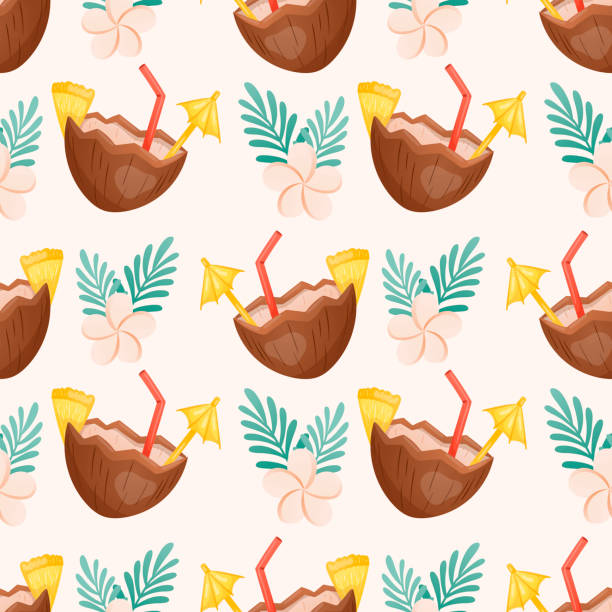Vector seamless summer pattern. Coconut cocktail with drinking straw and umbrella. Tropical decoration with plumeria flowers and green leaves. Background decoration on the theme of vacation. Vector seamless summer pattern. Coconut cocktail with drinking straw and umbrella for decoration. Tropical decoration with plumeria flowers and green leaves. drawing of the hawaii islands stock illustrations