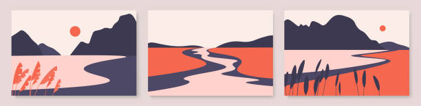 Minimal night summer nature landscape, red sand beach with river and lake, mountains Minimal night summer nature landscape vector illustration set. Cartoon red sand beach dunes with river and lake, grass leaves and mountains, nordic design of minimalist abstract landscapes collection landscapes stock illustrations