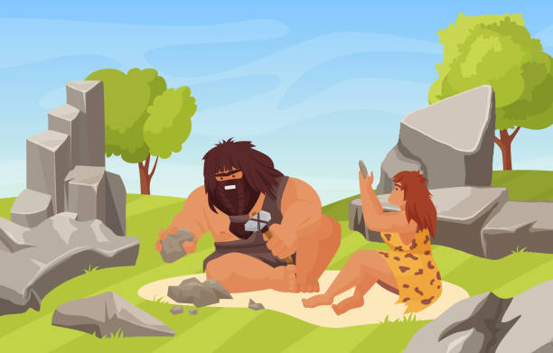 Prehistoric stone ages and primitive couple people work to break stone near cave Prehistoric stone ages and primitive couple people work vector illustration. Cartoon neanderthal man woman characters sitting, caveman holding hammer work tools to break stone near cave background paleo stock illustrations