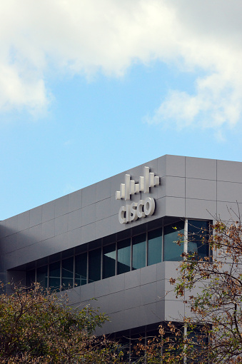 Lagoas Park, Porto Salvo, Oeiras, Lisbon, Portugal: facade of the Cisco Systems building - US company in the telecommunications industry. Best known for its routers and network switches, used by a substantial part of the Internet backbones.