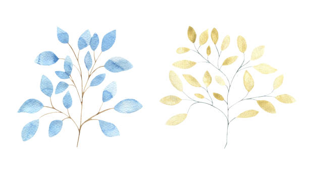 istock Watercolor set of blue and gold twigs with leaves, isolated elements on a white background. 1315016774