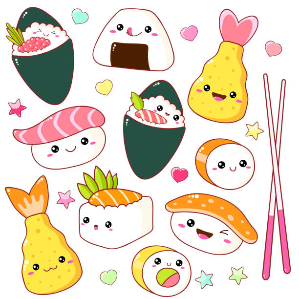 illustrazioni stock, clip art, cartoni animati e icone di tendenza di set di graziose icone di sushi e panini in stile kawaii - japanese cuisine temaki sashimi sushi