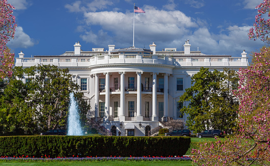 White House in the Spring with Green Grass, Trees, Red Tulips, Fountain, Black SUV, Secret Service Agent and Blue Sky with Puffy Clouds, Washington DC, USA. Canon EF 24-105mm f/4L IS lens.