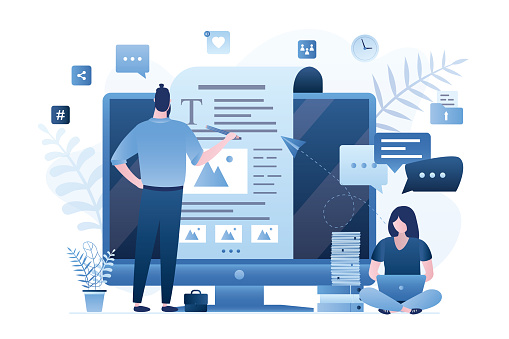 Two bloggers or copywriters create blog or media content. Woman freelancer works on laptop. Male journalist at work. Blogging, copywriting concept. Display with social network page.Vector illustration